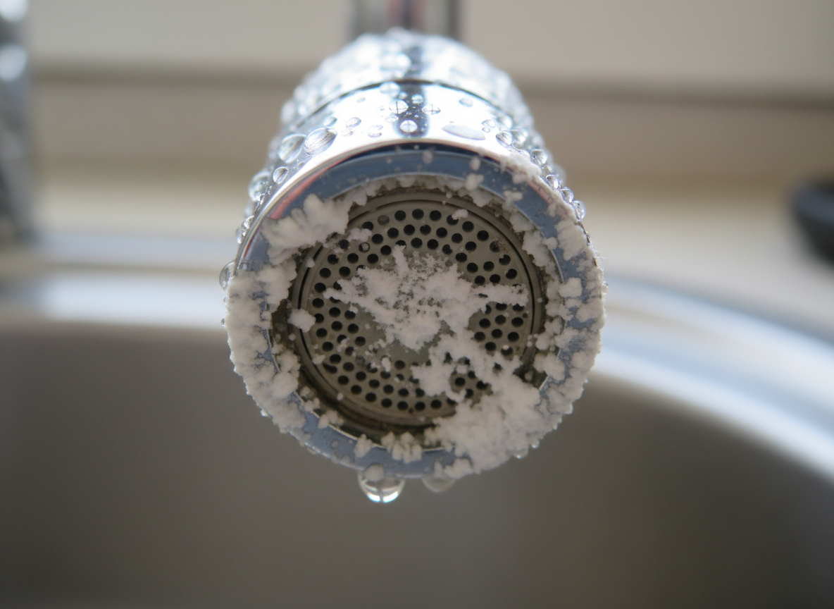 Limescale buildup on a faucet from hard well water