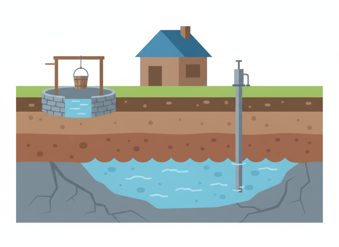 Cross-section illustration comparing a shallow dug well and a deep drilled well