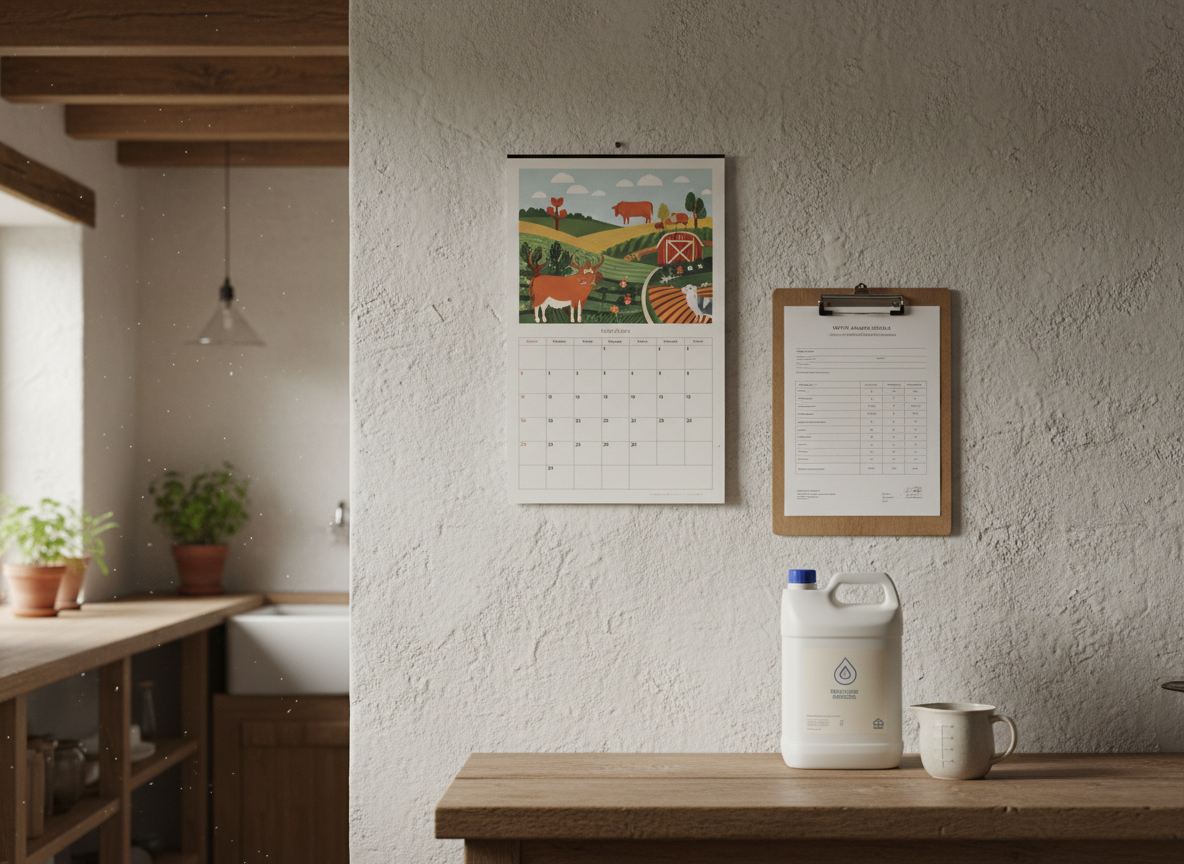Calendar, water test report and bleach for planning well disinfection