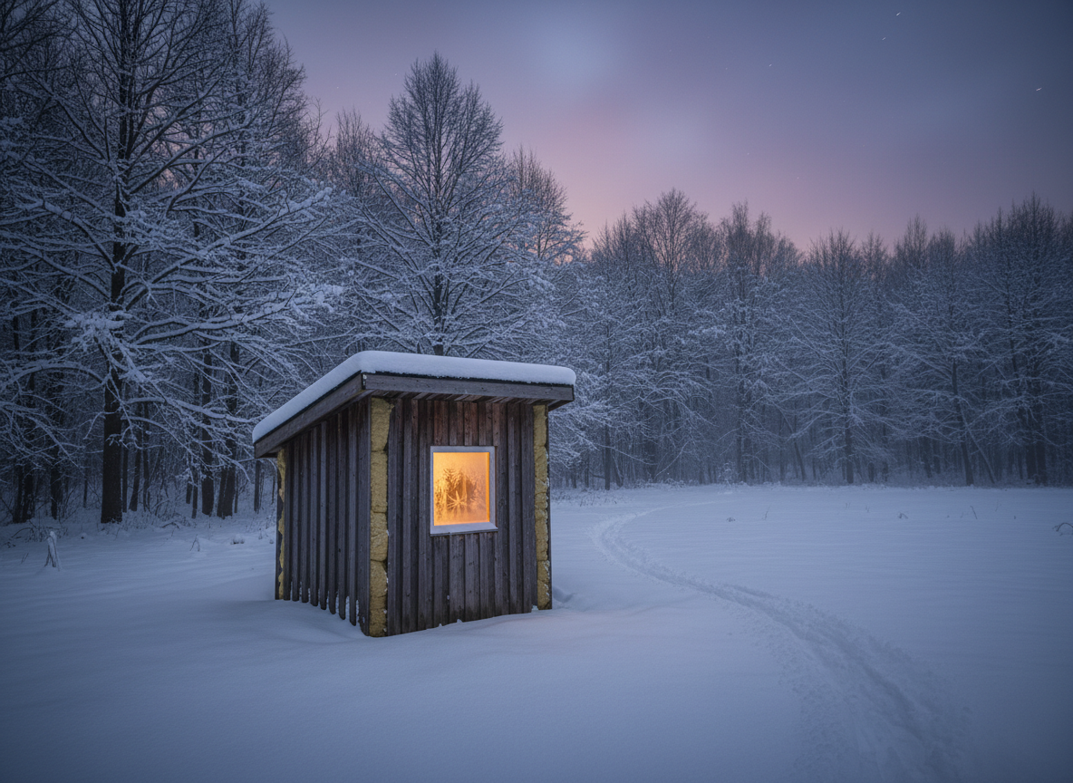 Insulated well pump house in winter snow