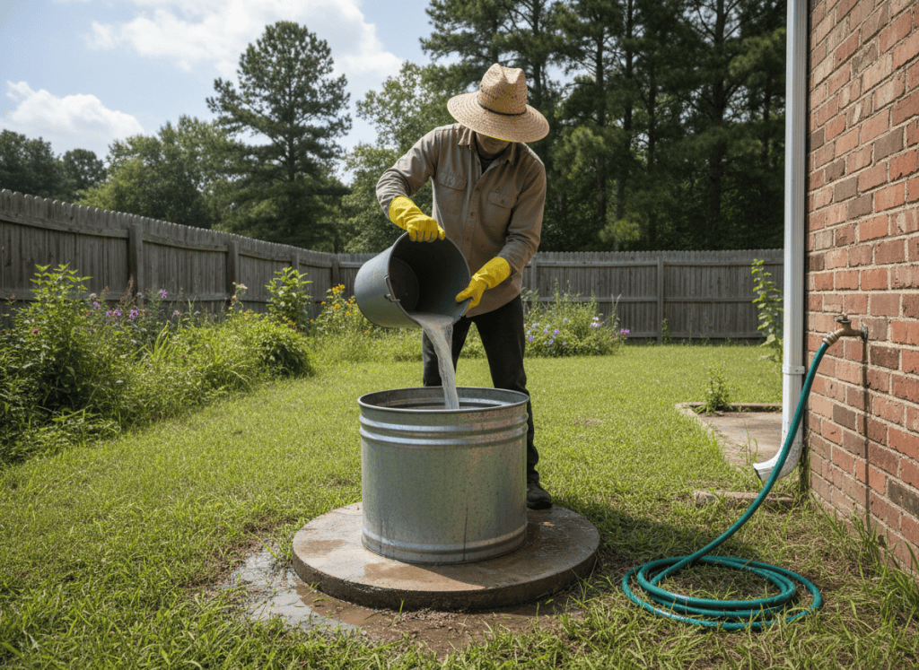 Pouring diluted bleach into a private well to shock chlorinate it