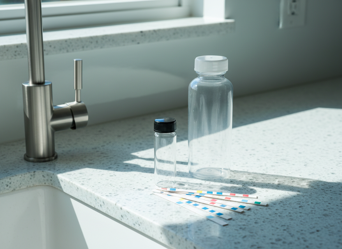 Home well water test kit and lab sample bottle on a kitchen counter