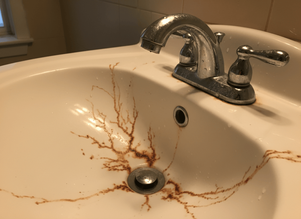 Orange iron stains in a white sink caused by well water