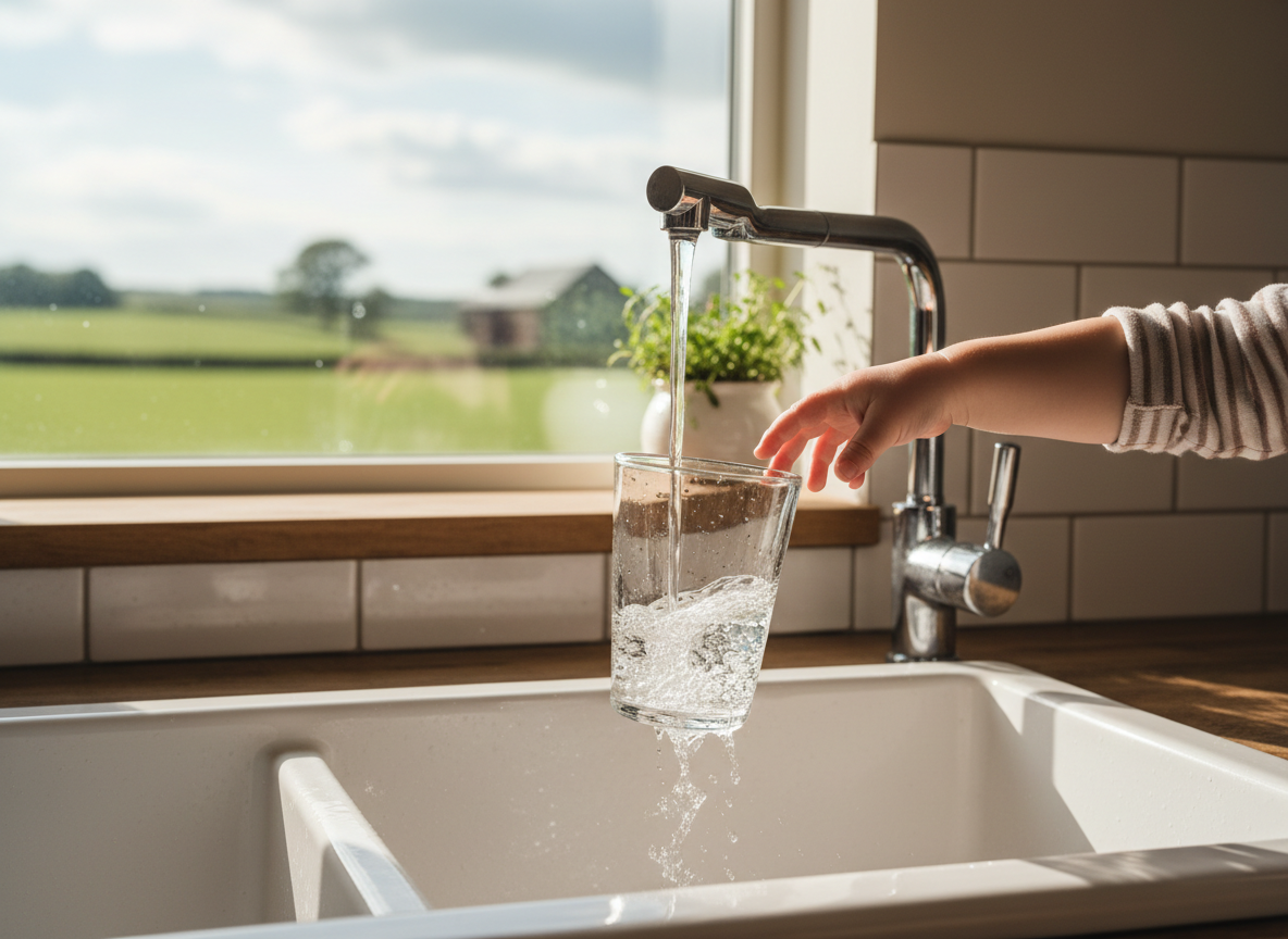 Glass of well water being filled at a farmhouse kitchen faucet