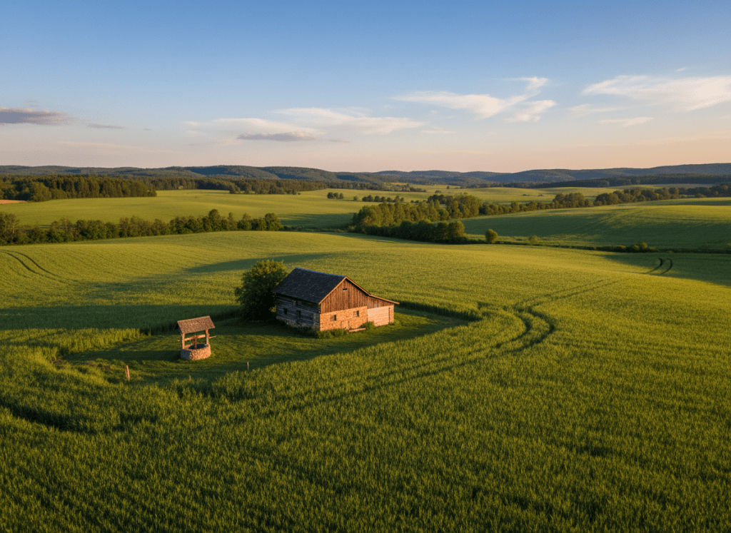 Rural home with a private well next to farm fields