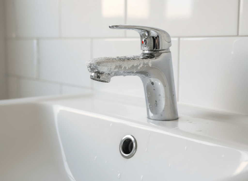 Hard water scale buildup on a faucet