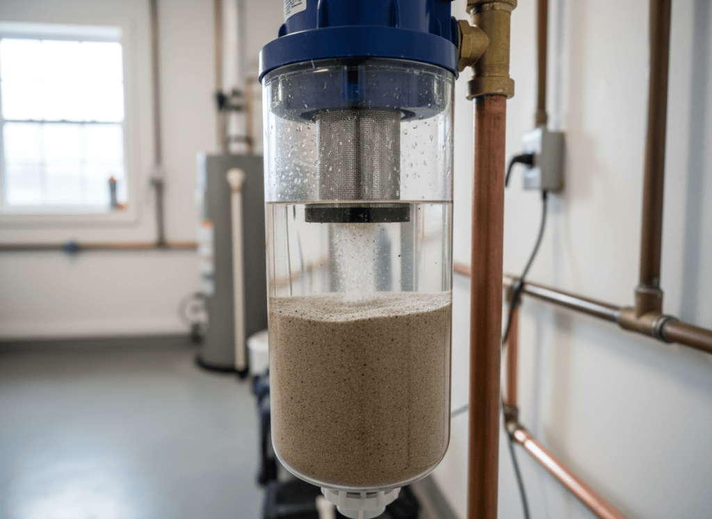 Spin-down sediment filter with sand collected in the bowl