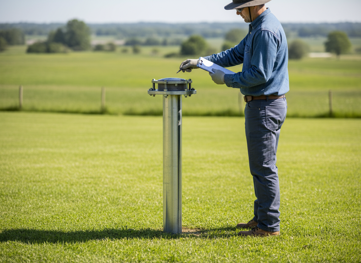 Well contractor inspecting a private well casing and cap