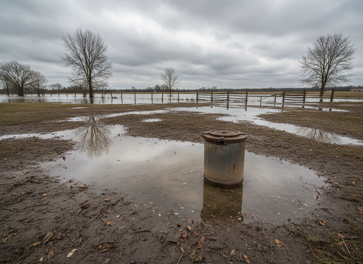 Private well casing surrounded by mud after a flood