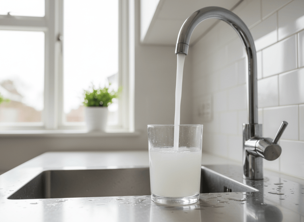 Well water running from a kitchen faucet into a glass
