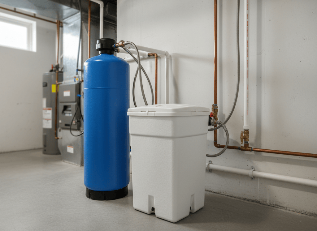 Water softener resin tank and brine tank in a basement