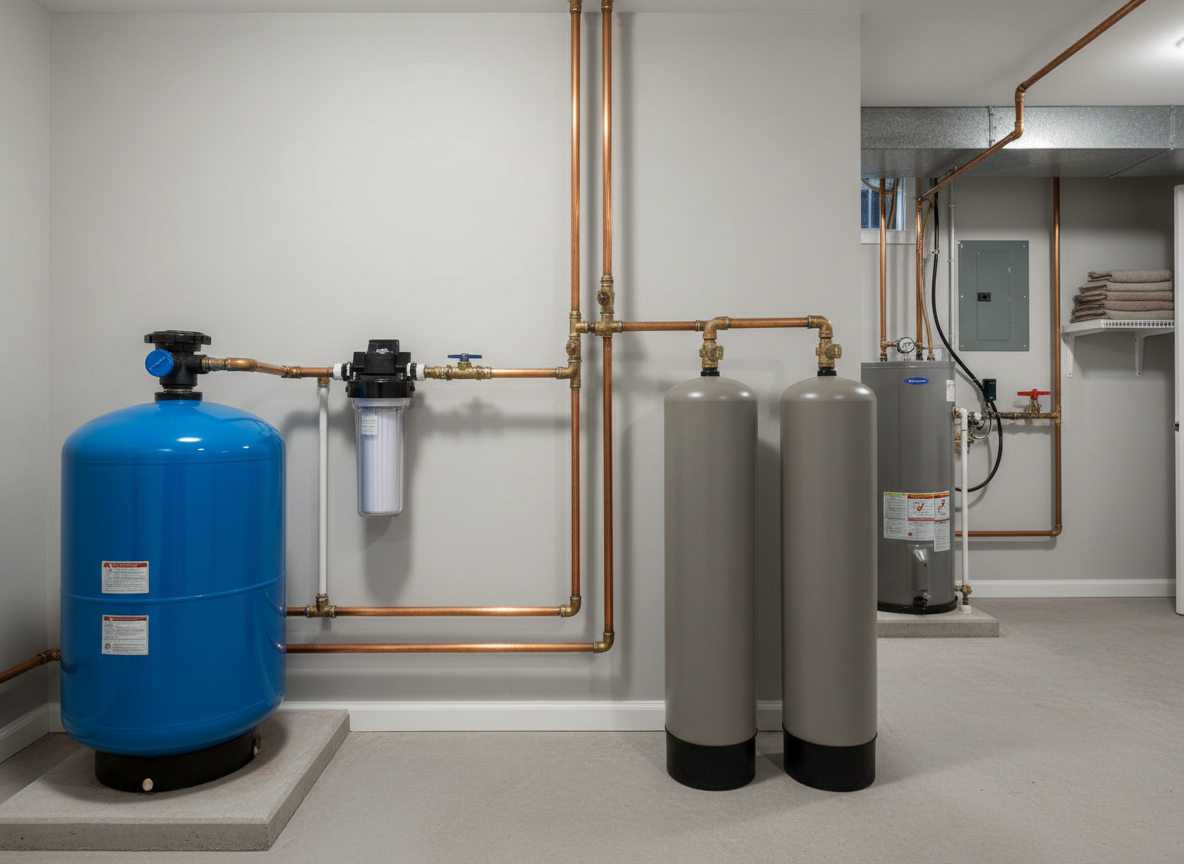 Whole house water filter system installed after a well pressure tank