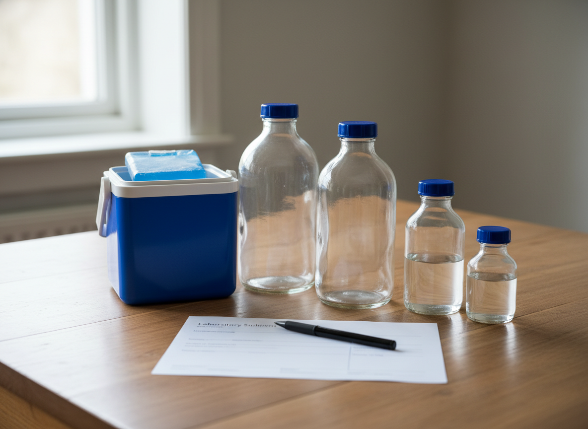 Well water sample bottles and lab form ready to send for testing